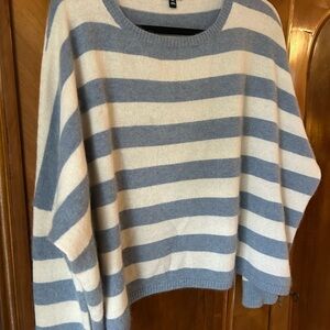 Minnie Rose Blue and Cream Striped Poncho Sweater Cashmere